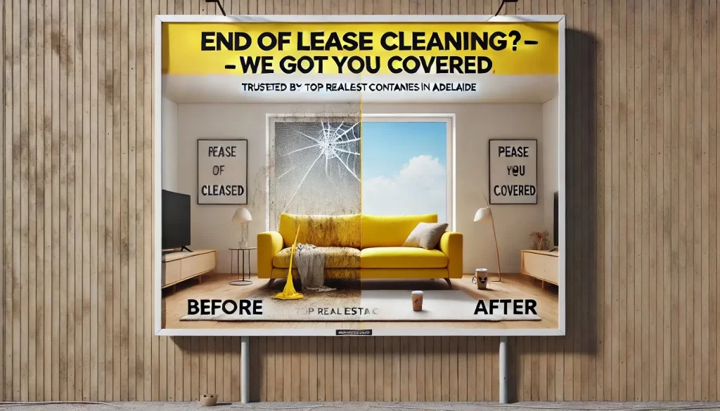 Before and after end of lease cleaning in Adelaide by Hola Cleaning – billboard comparison of a dirty vs spotless living room with yellow couch